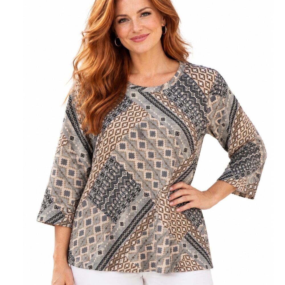 Denim & Co Canyon Retreat Patchwork Tee Womens Large Aztec 3/4 Sleeve Earthy Top